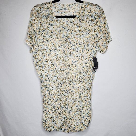 2X 18W 20W Torrid Blue Floral Stretch Mesh Crew Neck Ruched Top Sweetheart Ditsy - Picture 2 of 7